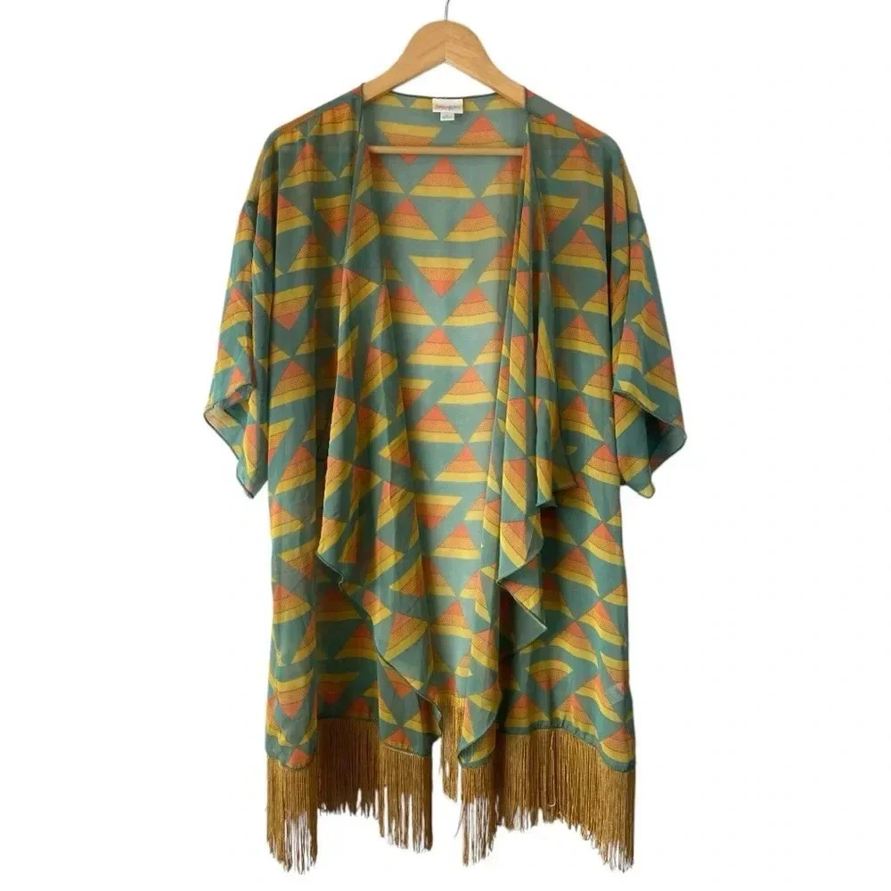 NWT LuLaRoe Large Green Gold Monroe Sheer Kimono‎ Beach Swim Cover Up Fringed L